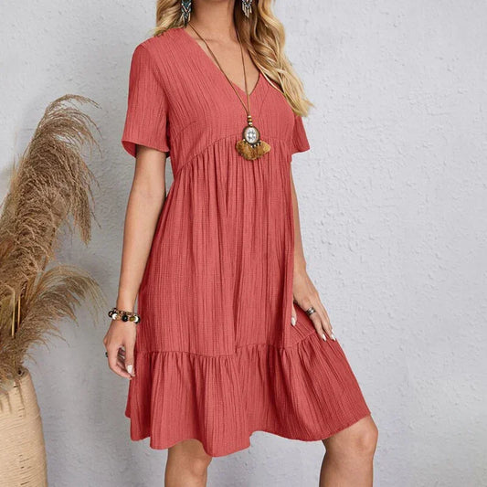 Casual Bohemian V Neck Short Sleeve Mini Dress