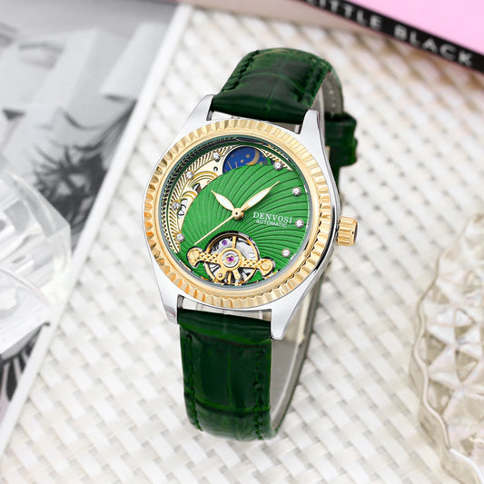 Flywheel double hollowed luminous leather watch
