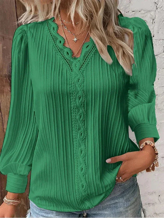 Stitching Chiffon V-neck Long Sleeve Shirt