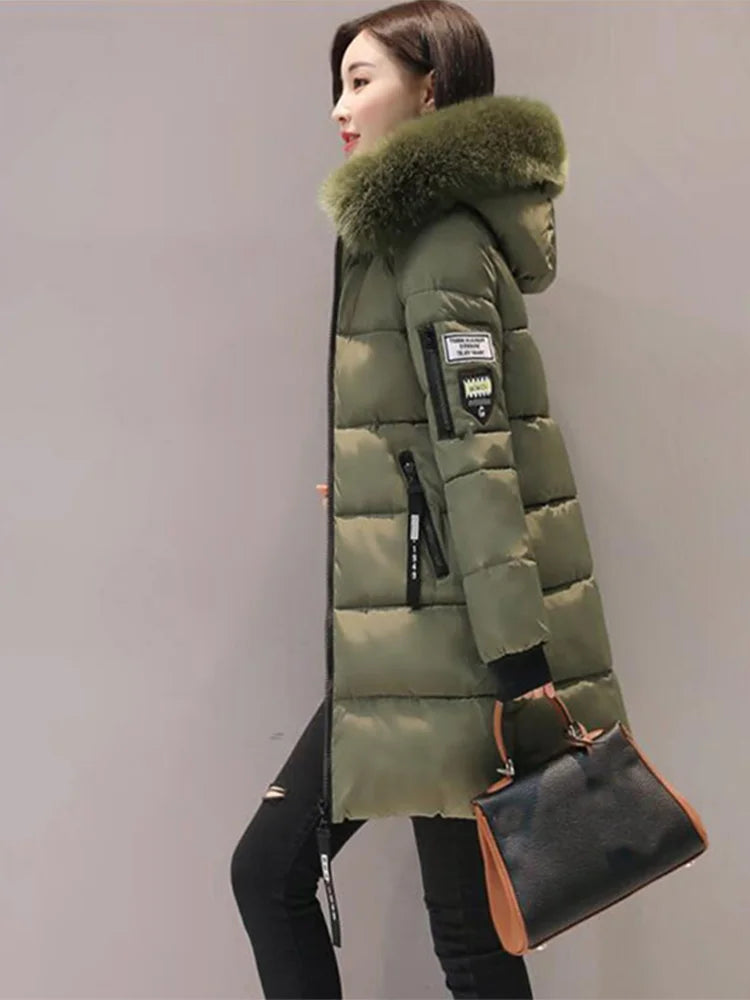 Winter Fur Collar Hooded Parka Letter Patch Zipper Pockets Long Slim Warm Thick Coats
