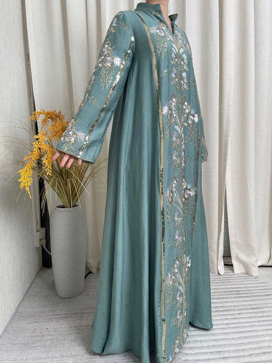 Teal Muslim Floral Embroidery Abaya