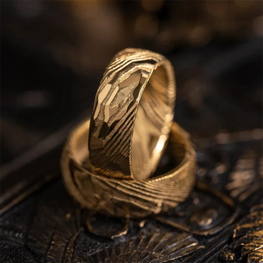 8MM Golden Damascus steel Hammered Engagement Promise Rings