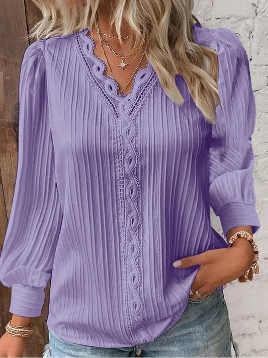 Stitching Loose V-neck Long Sleeve Pullover Chiffon Shirt