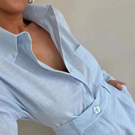 Long Sleeve Casual Button Pockets Short Set