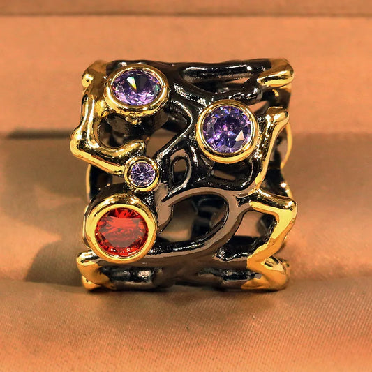 High quality Black gold-plated color stone hollow colorful separation ring
