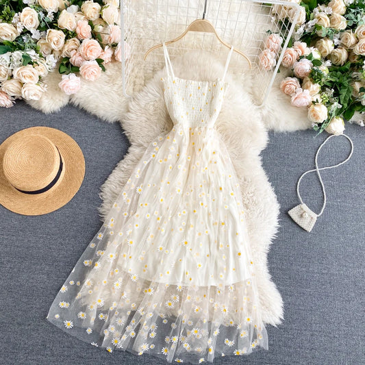 Korean Daisy Flower Print Mesh Dress