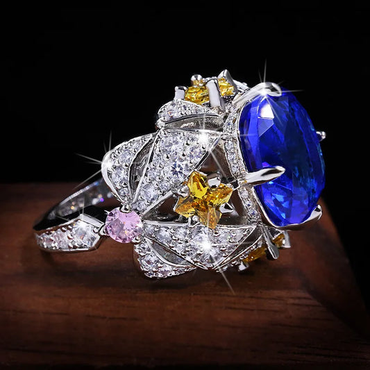 Luxury Big Sapphire 925 Sterling Silver Flower Rings