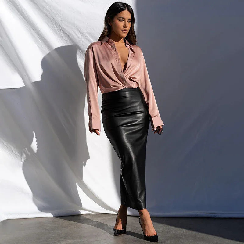 Sexy High Waist Slit Leather Long Skirt