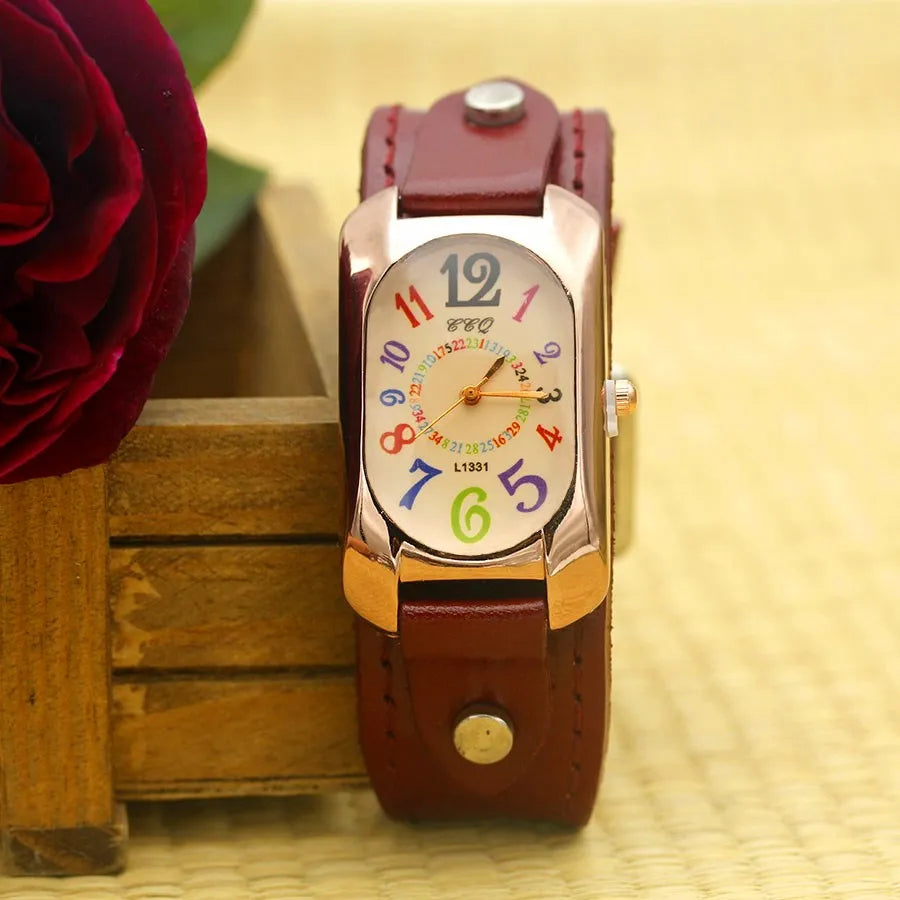 Cow Leather Strap Color Digital Rectangle Bronze Quartz Watch