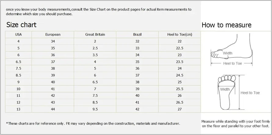 Shoe size chart with US, European, UK, Brazil sizes and heel to toe measurements, plus foot measuring guide, from danastors online fashion shop.