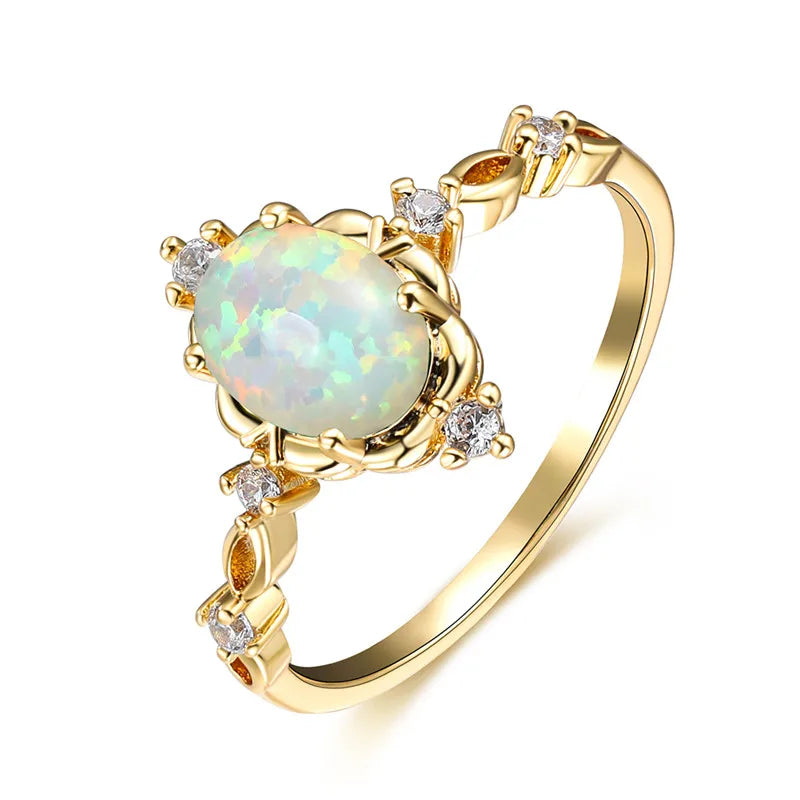 Charm Gold Silver White Opal Oval Stone Crystal Rings