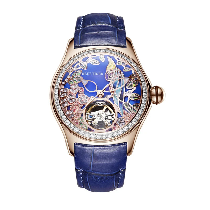 Luxury Diamond Automatic Tourbillon Leather Strap Watch