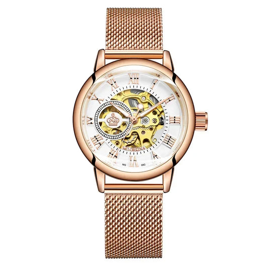 Rose gold skeleton watch with mesh strap and Roman numeral dial