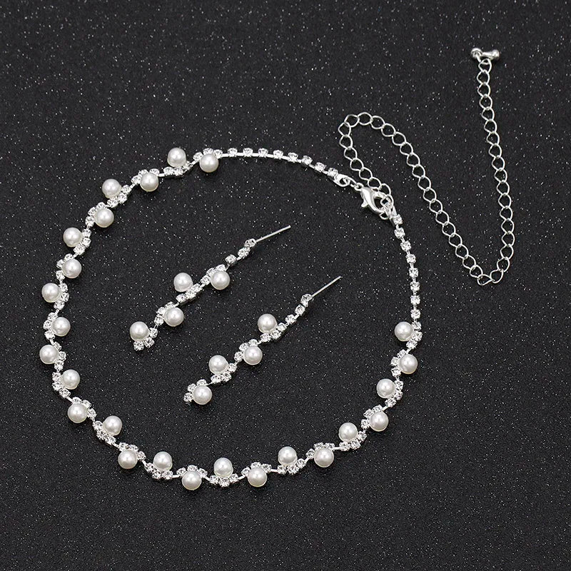 Simulated Pearl Crystal Necklace Jewelry Sets