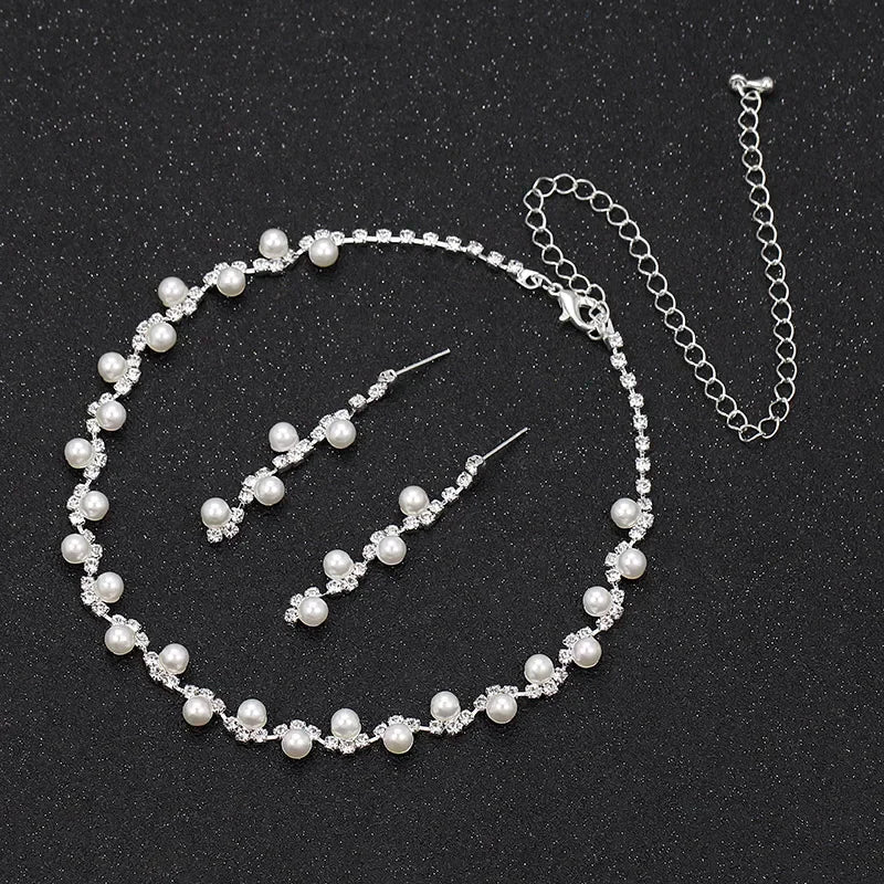 Simulated Pearl Crystal Necklace Jewelry Sets
