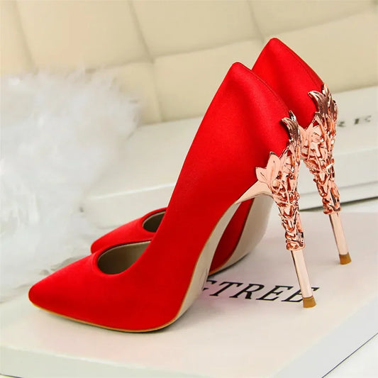 Metal Carved Heel Pumps Solid Silk Pointed Toe Shoes