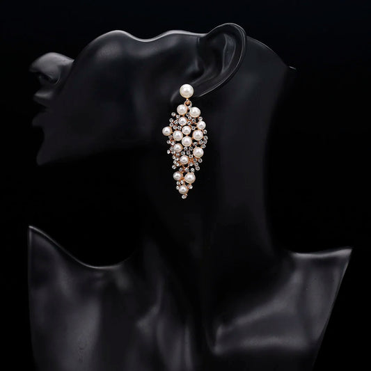 Gold Bridal Drop Simulated Pearl Crystal Statement Earrings