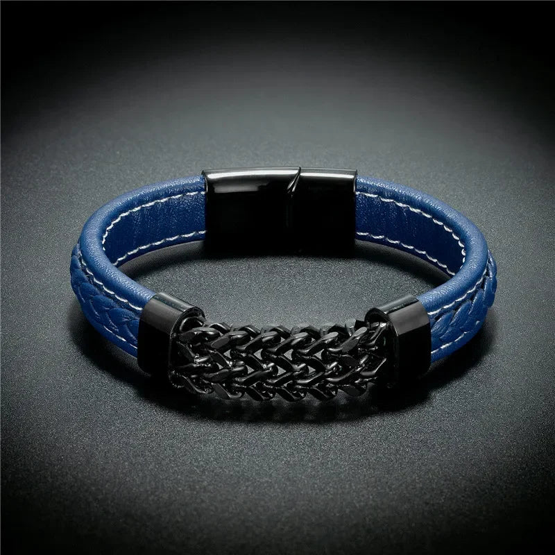 Vintage Leather Gold Stainless Steel Chain Bracelets