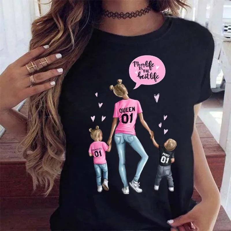 Cartoon Mom Mother Boy Girl Print Mother Lady T-shirts