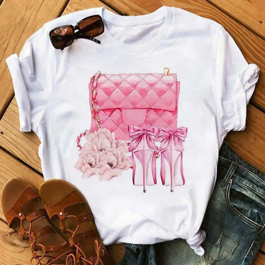 Maycaur Pink High Heels Flowers Bag Print T Shirt
