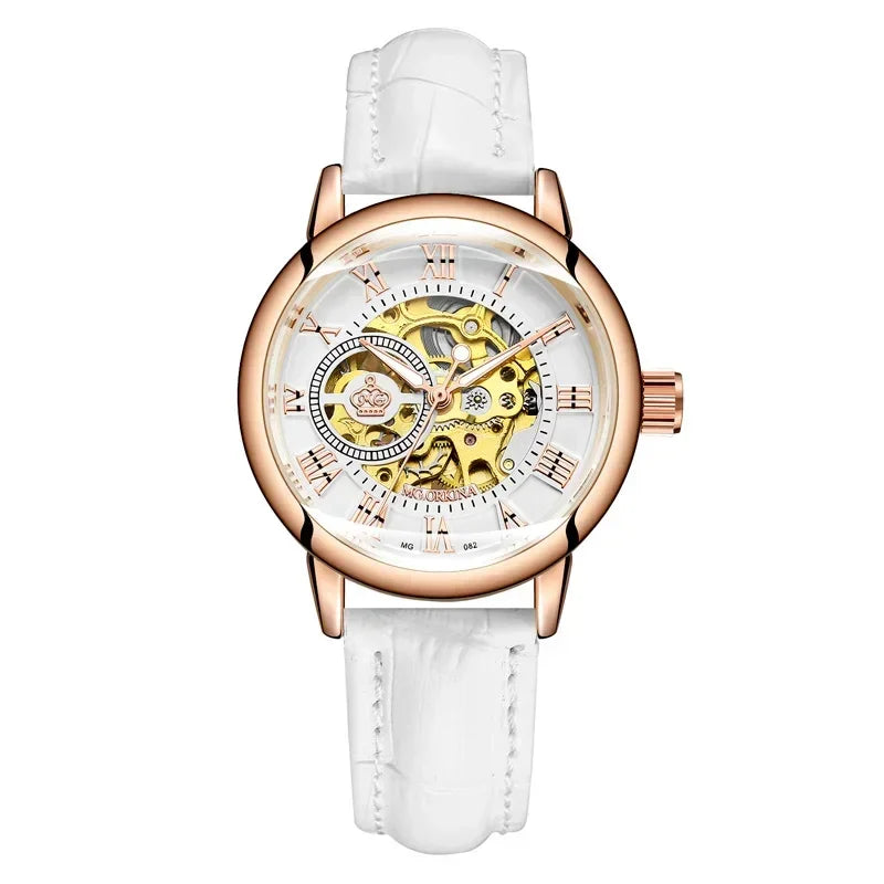 Elegant gold skeleton watch with white leather strap and rose gold case, Roman numerals