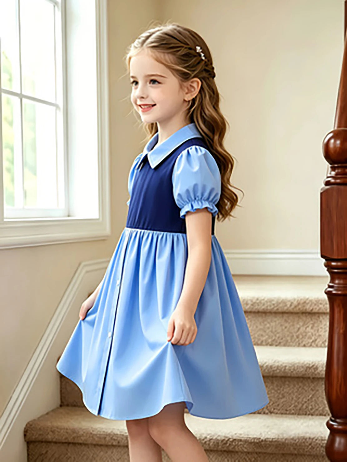 Blue Color Block Preppy Princess Puff Sleeve Dress