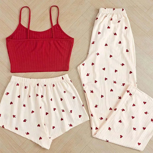 Casual Heart-Shaped Printed Vest and Shorts and Pants Paired with Ribbed Sleepwear Set