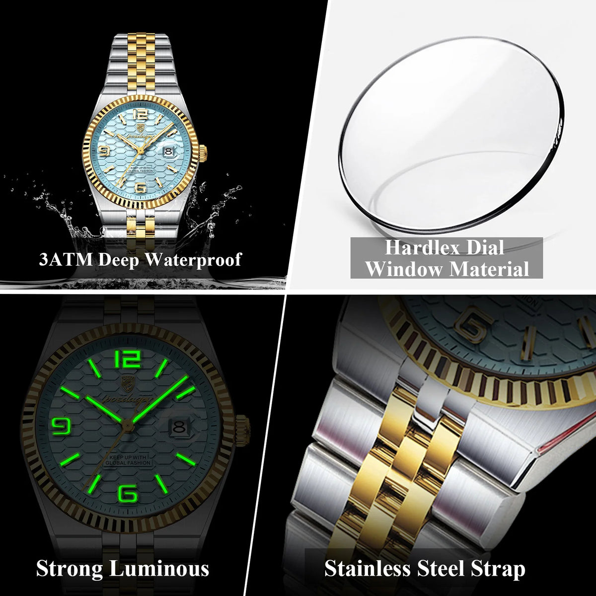 Quartz Stainless Steel Date Elegant Luminous Waterproof Watch