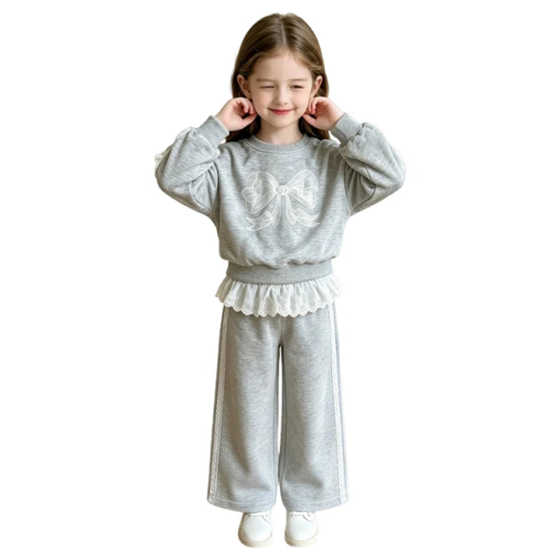 Autumn Bow Sweatshirt+Lace Patchwork Pants Set