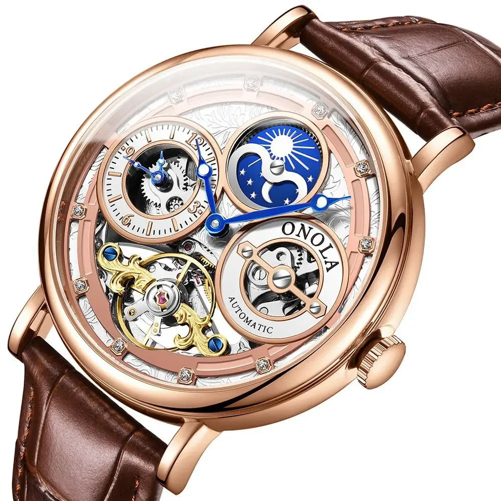 Automatic Movement Dual Time Zone Moon Phase Waterproof Tourbillon Mechanical Watch