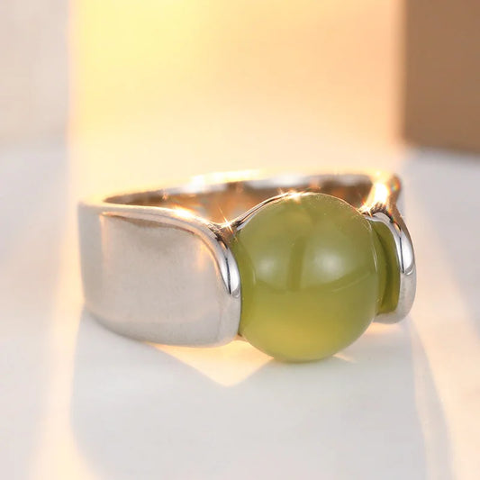 Inlaid Green Stone Aesthetic Silver Color Geometry Ring