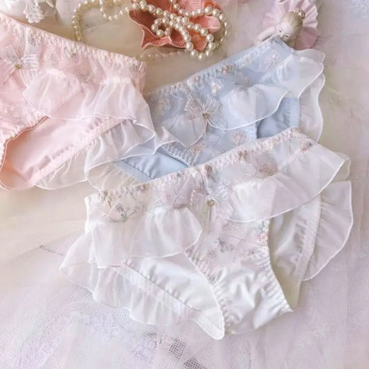 Milk Silk Smooth Soft Flower Embroidery Luxury Advanced Ruffles Underwear