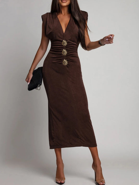 Sleeveless Skinny Midi Long Deep V-neck Hip Wrap Elegant Dress