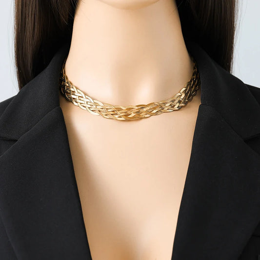 316L Stainless Steel Gold Color Woven Chain Chokers Necklace