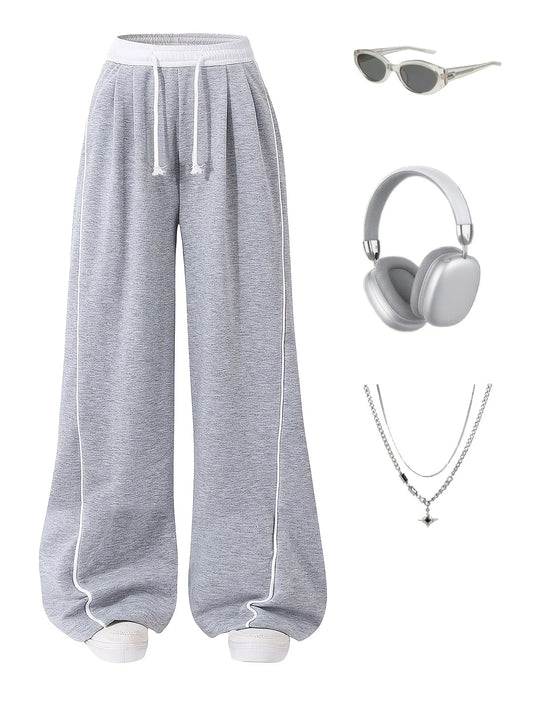 Contrast Line Drawstring Waist Baggy Wide Leg Casual Sport Sweatpants