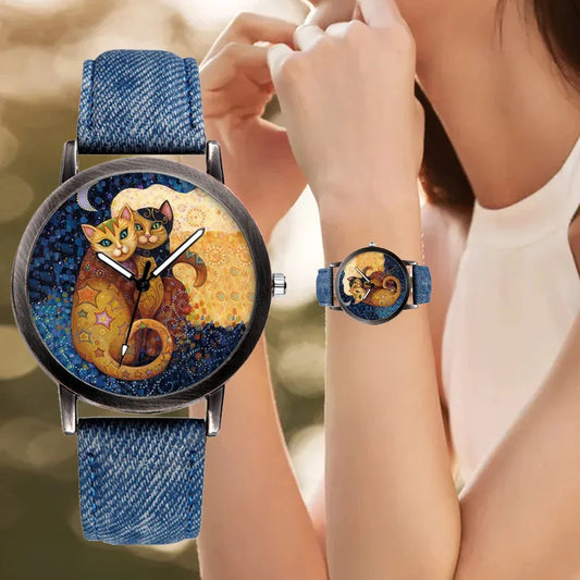 Lovely Cat Quartz Denim Strap Casual Watch