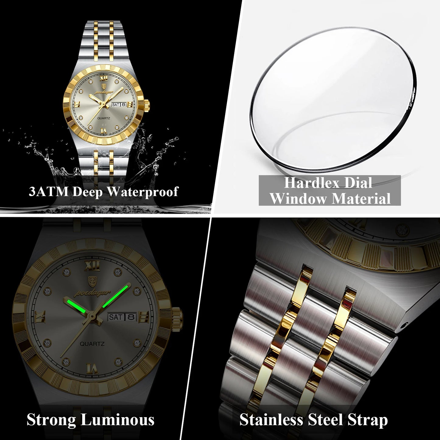 Luminous Stainless Steel Quartz Watches