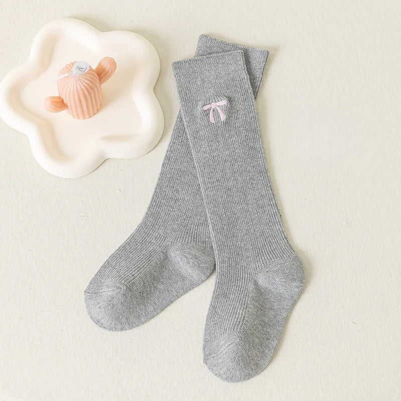 Spring Autumn Girls Knee High Socks Cotton Bow Socks for 3-12Y
