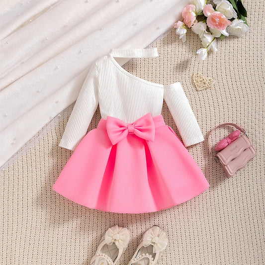 New Year 0-4Years Long Sleeve Big Bow Top Pink Half Skirt Toddler Autumn Sets