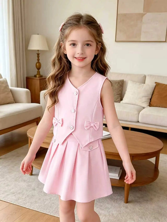 Pink Sleeveless Vest + Pleated Skirt Set