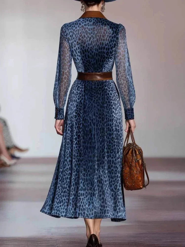 Elegant Leopard Printed Mesh Long Sleeve Dress