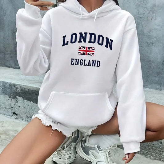 Casual Loose London England Print Hooded Long Sleeved Warm Pullover