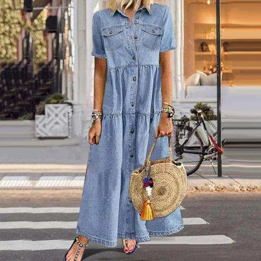 Short Sleeve Button Long Loose Dress