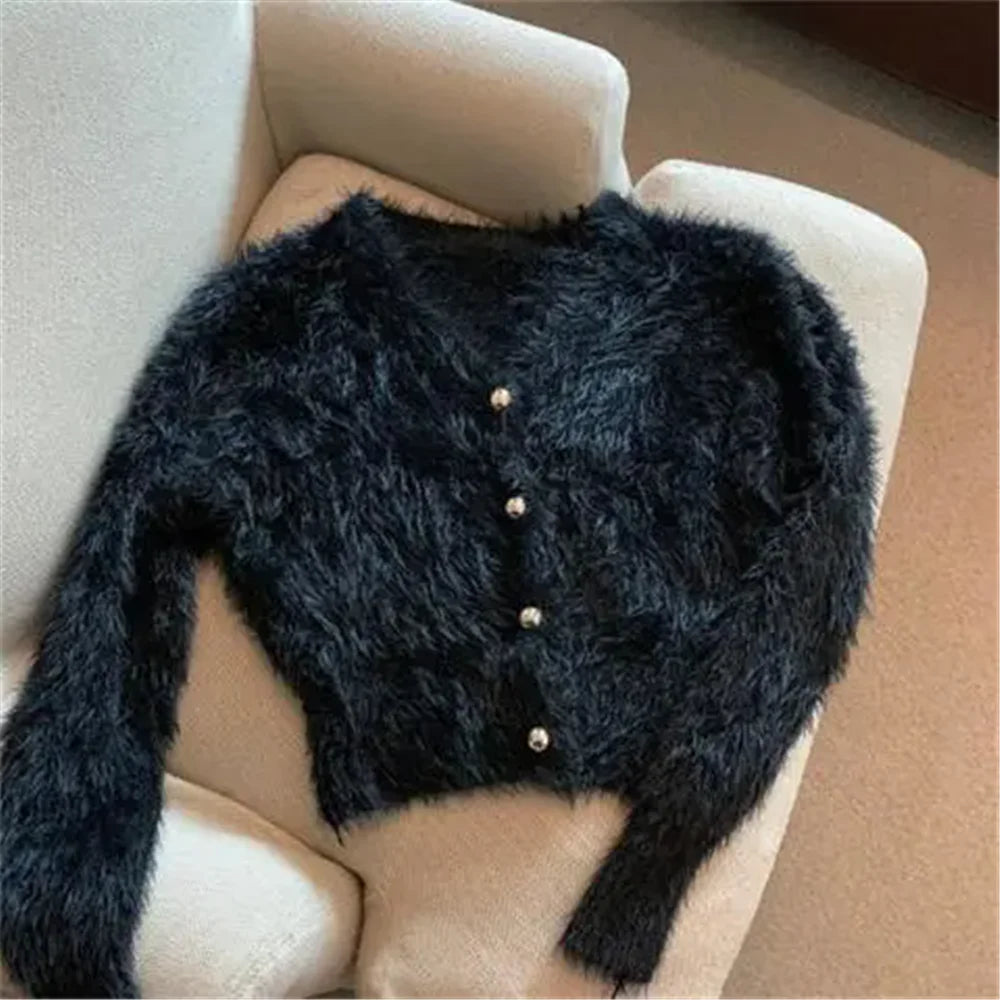 Streetwear Korean Knitwear Solid Slim Jumpers Cropped Mohair Sweater Coat