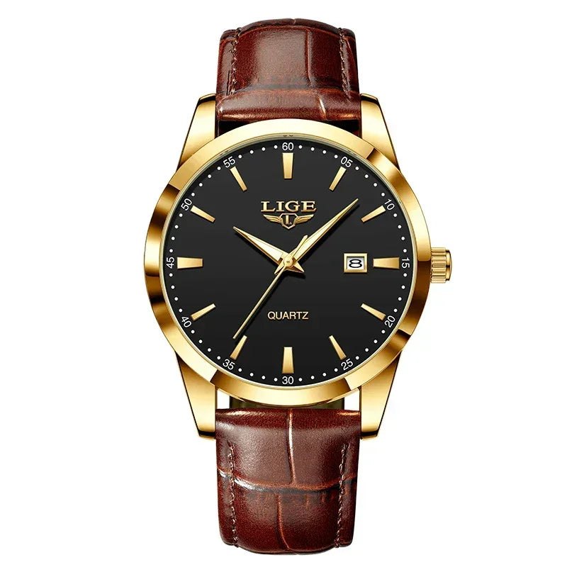 Gold quartz wristwatch with black dial, brown leather strap, and date display