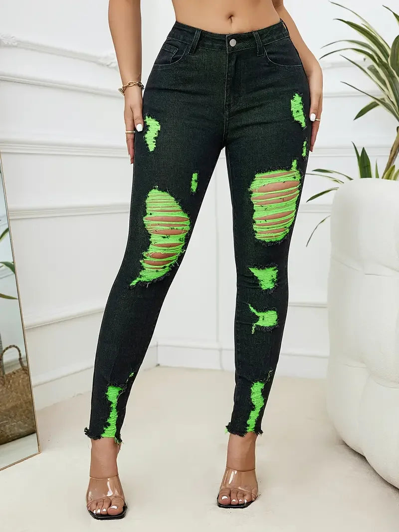 Ripped High Stretch Skinny Slim Jeans Pants Slim