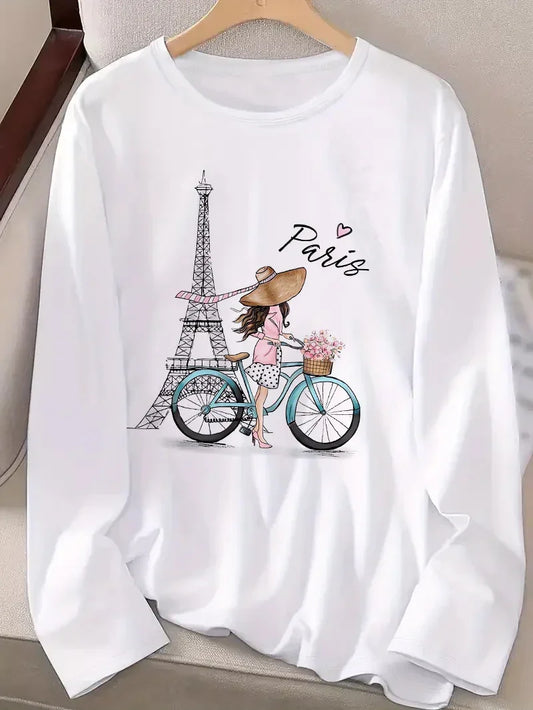 Long Sleeved Y2k Paris Girl with Bike T Shirt