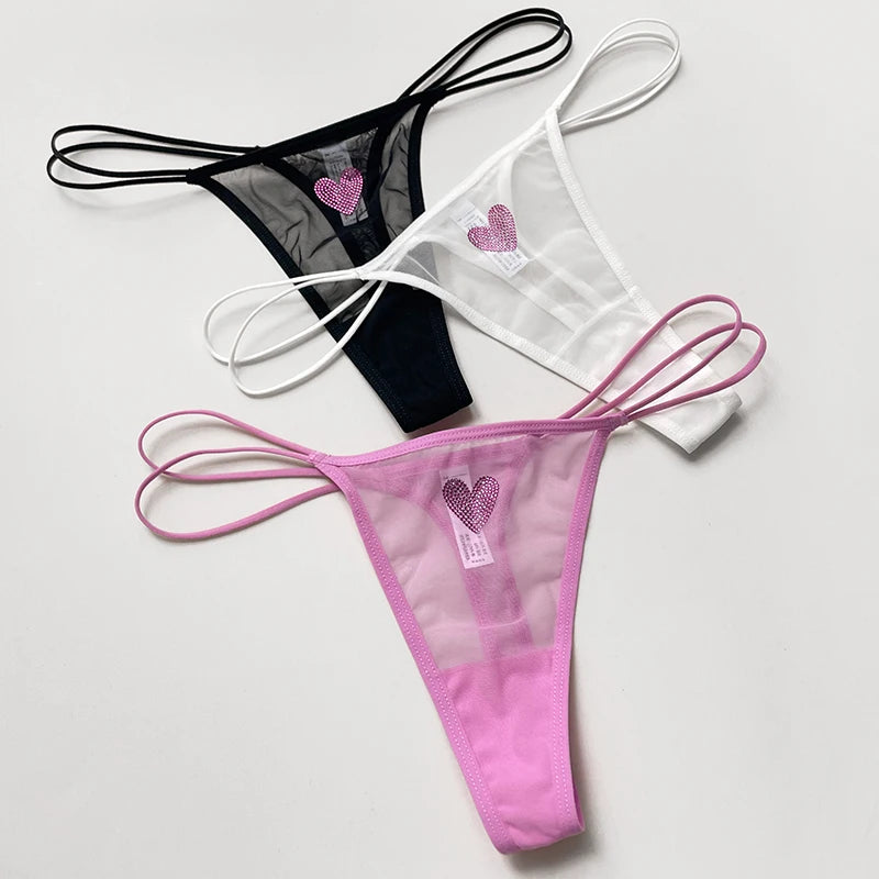 Lace Mesh Briefs Sexy Thong Transparent Rhinestones Heart G-String Lingerie
