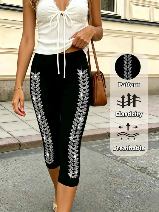 Black Capri Leggings Side Leaf Rhinestones Stretchy Slim Fit Yoga Pants