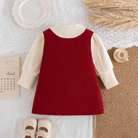 Girls First Birthday Banquet Costume Bow Element Soft Knit Long Sleeved Red Dress